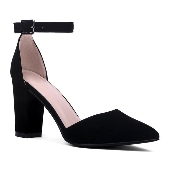 WOMEN'S SHOES D'ORSAY POINTED TOE BLACK NUBUCK ANKLE STRAP HEEL CASUAL - Picture 3 of 4